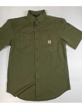 Carhartt Men M Green Rugged Flex Relaxed Fit Short Sleeve Button Down Work Shirt